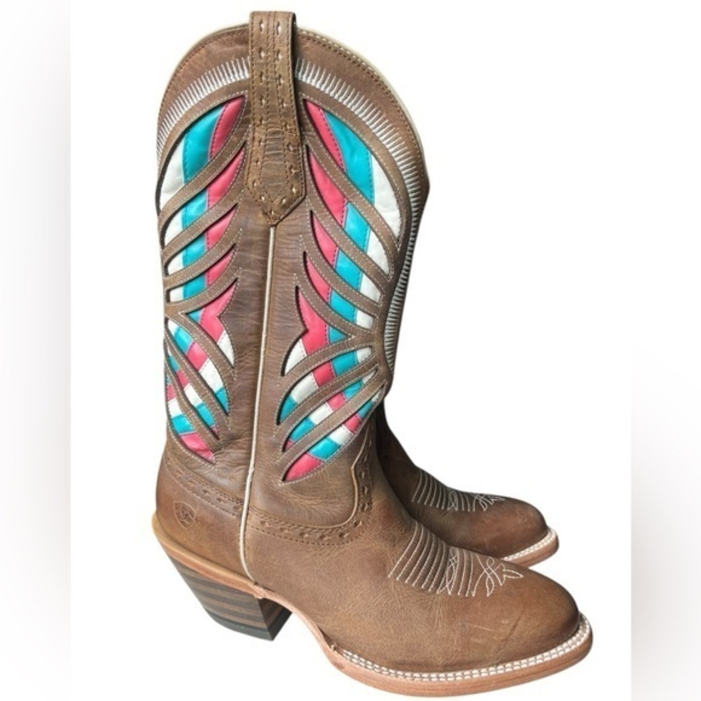 Ariat Brown Leather Heeled Western Boots with Turquoise and Pink Inlays